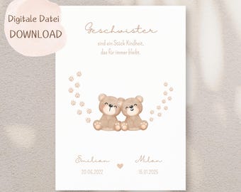Siblings, brothers, birth gift, poster, baptism, bear, gift, baby, birth, beige, brown, PERSONALIZED, DIGITAL