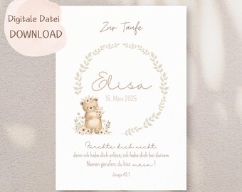 Gift for baptism, wreath, baptism, bear, girl gift, baby, birth, godfather, godchild, beige, brown, PERSONALIZED with name, DIGITAL