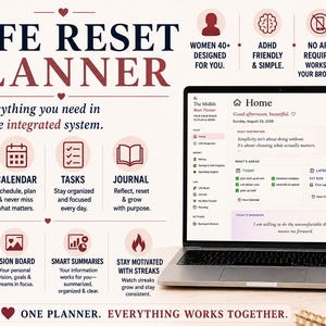 May include: A Life Reset Planner digital system displayed on a laptop screen, featuring sections for budget, calendar, tasks, journal, habit tracker, vision board, and smart summaries. The interface includes daily inspiration, a task list, and reminders.