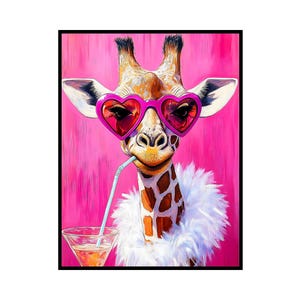 Cuadro de pared imprimible, impresión de jirafa bebiendo un martini. Pintura al óleo retro maximalista, lienzo para comedor, sala de estar y cocina. Colores llamativos, tendencia