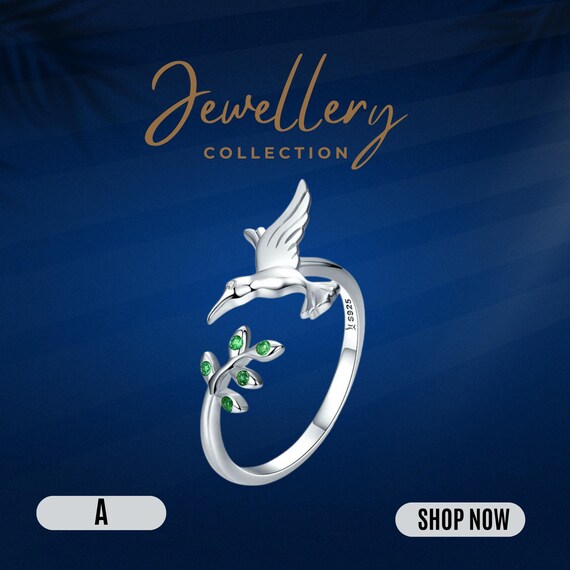 ハミングバードリング、調節可能なリング、スターリングシルバーの