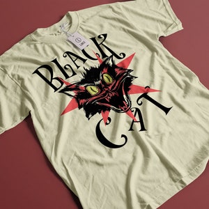 Black Cat T-shirt | Evil Cat | Scary Black Cat T-shirt | Unisex T-shirt | Mad Black Cat Shirts | Halloween Black Cat | White, Cream |