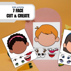 Modelli di design digitali per volti vuoti - Attività creative per tagliare occhi e bocca per bambini - Set di 7 design di volti stampabili da scaricare in formato PDF
