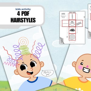 Op de afbeelding: Een printbare kinderactiviteit met vier verschillende kapsels. De activiteit bevat een gezelschapsspel met een dobbelsteen sjabloon en een printbare pagina met een cartoonfiguur met verschillende kapsels.