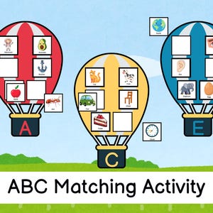Może przedstawiać: Aktywność dopasowywania ABC z trzema balonami na gorące powietrze. Każdy balon ma literę i zdjęcia przedmiotów, które zaczynają się od tej litery. Balony są czerwone, żółte i niebieskie. Tekst "ABC Matching Activity" znajduje się na dole obrazu.