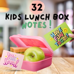 32 notes motivantes et motivantes pour la boîte à lunch des enfants, 4 pages de messages amusants et colorés, imprimables pour les repas de midi à l'école, super notes