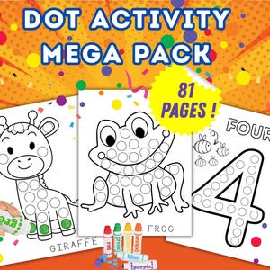 Könnte beinhalten: Ein Set mit 81 Punkt-zu-Punkt-Aktivitätsseiten mit einer Giraffe, einem Frosch und der Zahl vier. Die Seiten sind schwarzweiß und haben Kreise, die Kinder mit Punktmarkern ausmalen können.