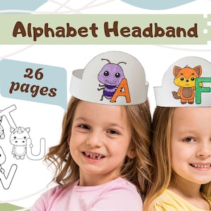 Diadema de animales con el alfabeto imprimible / Coronas con letras del abecedario para niños / Actividad de reconocimiento de letras mayúsculas / Aprendizaje en casa y preescolar
