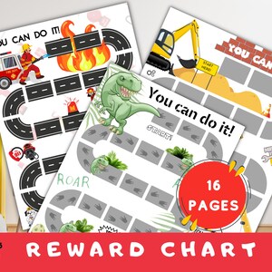 May include: A set of 16 printable reward charts for children. Each chart features a different theme, including a dinosaur, a fire engine, and a construction vehicle. The charts are designed to help children learn and grow by rewarding them for completing tasks. The charts are 28 cm by 21.5 cm.
