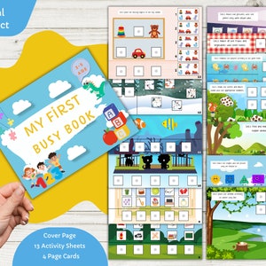 Puede incluir: Un libro de actividades imprimible colorido para niños pequeños titulado "Mi primer libro de actividades". La portada presenta un cielo azul con nubes blancas y tres niños jugando. El libro incluye 13 hojas de actividades y 4 tarjetas.