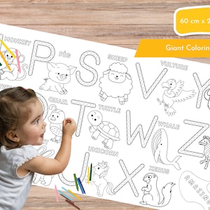 May include: A large black and white coloring poster featuring the alphabet with animals. Each letter is surrounded by a dotted line and the animal name is written below. The poster is 60 cm by 200 cm.
