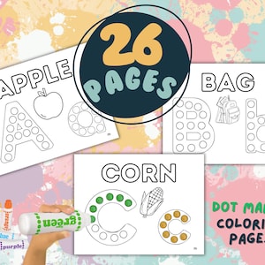 Peut inclure: Ensemble de 26 pages de coloriage au marqueur à points pour enfants. Les pages présentent les lettres A, B et C, avec des images de pomme, sac et maïs. L'image comprend également des marqueurs à points de différentes couleurs.