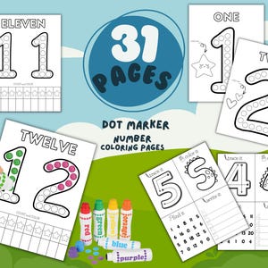 May include: A set of 31 printable dot marker number coloring pages for kids. The pages feature numbers 1 through 12 with a dotted outline. The pages also include tracing and writing activities. The set includes a variety of colors, including red, green, orange, blue, and purple.
