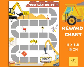 May include: A printable construction-themed reward chart with a yellow excavator, a yellow dump truck, and a gray path with 12 spaces. The chart is 11 inches by 8.5 inches and has the text "You Can Do It!" and "Reward Chart".