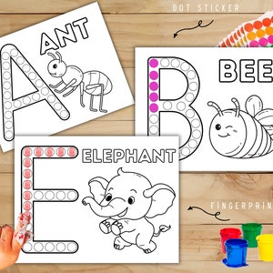 May include: Printable alphabet letter dot sticker activity sheets for kids. The letters A, B, and E are shown with circles for dot stickers. The letters are accompanied by an ant, bee, and elephant illustration. The words "DOT STICKER" and "FINGERPRINT" are also included.