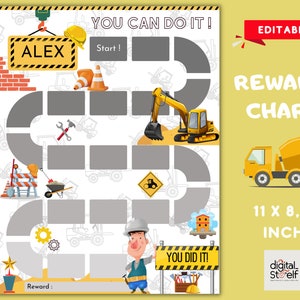 May include: A printable construction themed reward chart for kids. The chart features a construction worker, a yellow excavator, a cement mixer, and a path with spaces for stickers or stamps. The chart is 11 inches by 8.5 inches and is editable. The text on the chart says "You Can Do It!" and "Reward Chart".