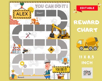 May include: A printable construction themed reward chart for kids. The chart features a construction worker, a yellow excavator, a cement mixer, and a path with spaces for stickers or stamps. The chart is 11 inches by 8.5 inches and is editable. The text on the chart says "You Can Do It!" and "Reward Chart".