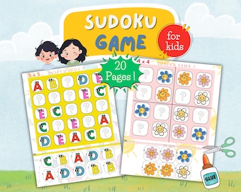 May include: A printable set of 20 Sudoku game pages for kids. The pages feature a variety of colorful designs, including flowers and letters. The text on the page reads "Sudoku Game for Kids" and "20 Pages!"