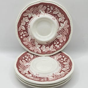 Kensington Staffordshire “Somerset” Saucers x9 – 1970s Pink Ironstone Replacement Pieces – English Hand Engraved