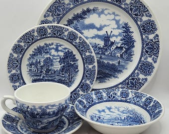 Vintage Broadhurst Staffordshire Delftware Dinnerware: Blue & White English Ironstone Farm Scenery