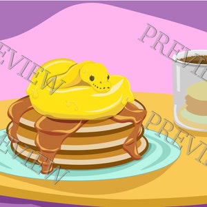 May include: A stack of pancakes with bacon and a yellow snake on top, a cup of coffee with a stack of pancakes inside, on a yellow table.