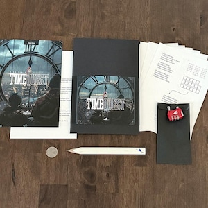 May include: A Time Quest game kit featuring a black folder, printed instruction cards, a small red combination lock, a white pencil, and a circular metal coin. The printed materials display a large clock face graphic and the text Time Quest.