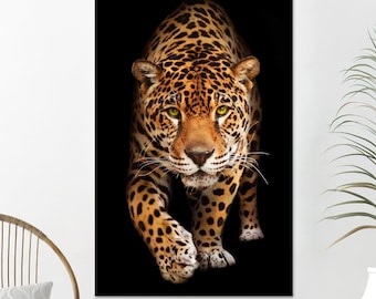 Leopard Wall Art – Realistic Wild Cat Canvas with Black Background for Bold Modern Decor