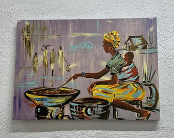 African Woman Cooking Canvas Wall Art: Authentic Nigerian Decor