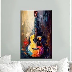 Może przedstawiać: Kolorowy, abstrakcyjny obraz akustycznej gitary w odcieniach żółtego, pomarańczowego, czerwonego, niebieskiego i fioletowego. Gitara jest namalowana w teksturalnym stylu, z widocznymi pociągnięciami pędzla.