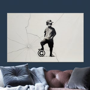 Decoración de pared de bola y niño, arte de niño Banksy, arte de pared infantil Banksy, arte de pared de vidrio Banksy, vidrio templado, arte de lienzo Banksy, arte de pared de lienzo