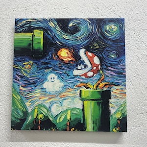 Mario Bros, Mario World Wandkunst, Van Gogh Wanddekoration, Super Mario Poster, Moderne Sternennacht, Kunst aus gehärtetem Glas, modernes Dekor,