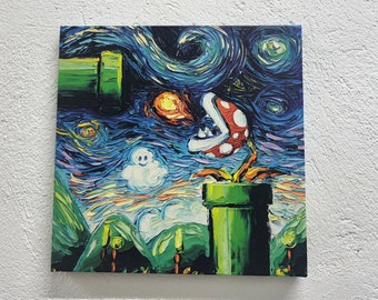 May include: A painting in the style of Vincent van Gogh depicting a green pipe with a red and white Piranha Plant on top. The background is a swirling blue sky with white clouds and stars.