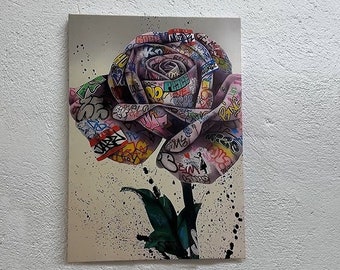 Arte de grafiti de Banksy Rose: decoración de pared en vidrio templado o lienzo