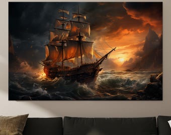 May include: A canvas print depicting a tall ship sailing through a stormy sea at sunset. The ship's sails are illuminated by the golden light, contrasting with the dark, ominous clouds and turbulent waves. The artwork evokes a sense of adventure.