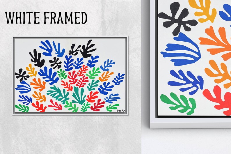 May include: A white framed print of a colorful abstract painting featuring a cluster of stylized leaves in shades of blue, green, red, orange, and yellow. The painting is titled "HM 53".