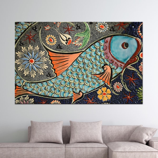 Mosaic Fish Effect Canvas Art, Modern Fish Art Decor, Animal Canvas Wall Art, Ceramic Fish Printed, Personalized Gift For Dad,