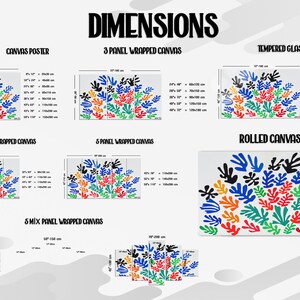 May include: A chart showing different sizes and dimensions for a colorful abstract art print available in wrapped canvas, canvas poster, tempered glass, rolled canvas, and 3, 4, 5, and 6 panel wrapped canvas options. The print features a colorful abstract design of blue, green, red, orange, and black leaves.