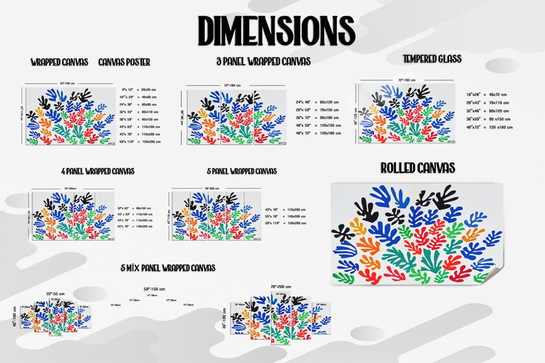 May include: A chart showing different sizes and dimensions for a colorful abstract art print available in wrapped canvas, canvas poster, tempered glass, rolled canvas, and 3, 4, 5, and 6 panel wrapped canvas options. The print features a colorful abstract design of blue, green, red, orange, and black leaves.