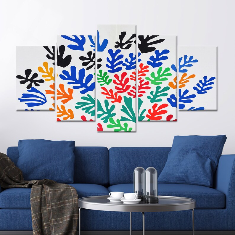 May include: A five-piece canvas print set featuring a colorful abstract design of stylized leaves in shades of blue, green, red, orange, and black on a white background.