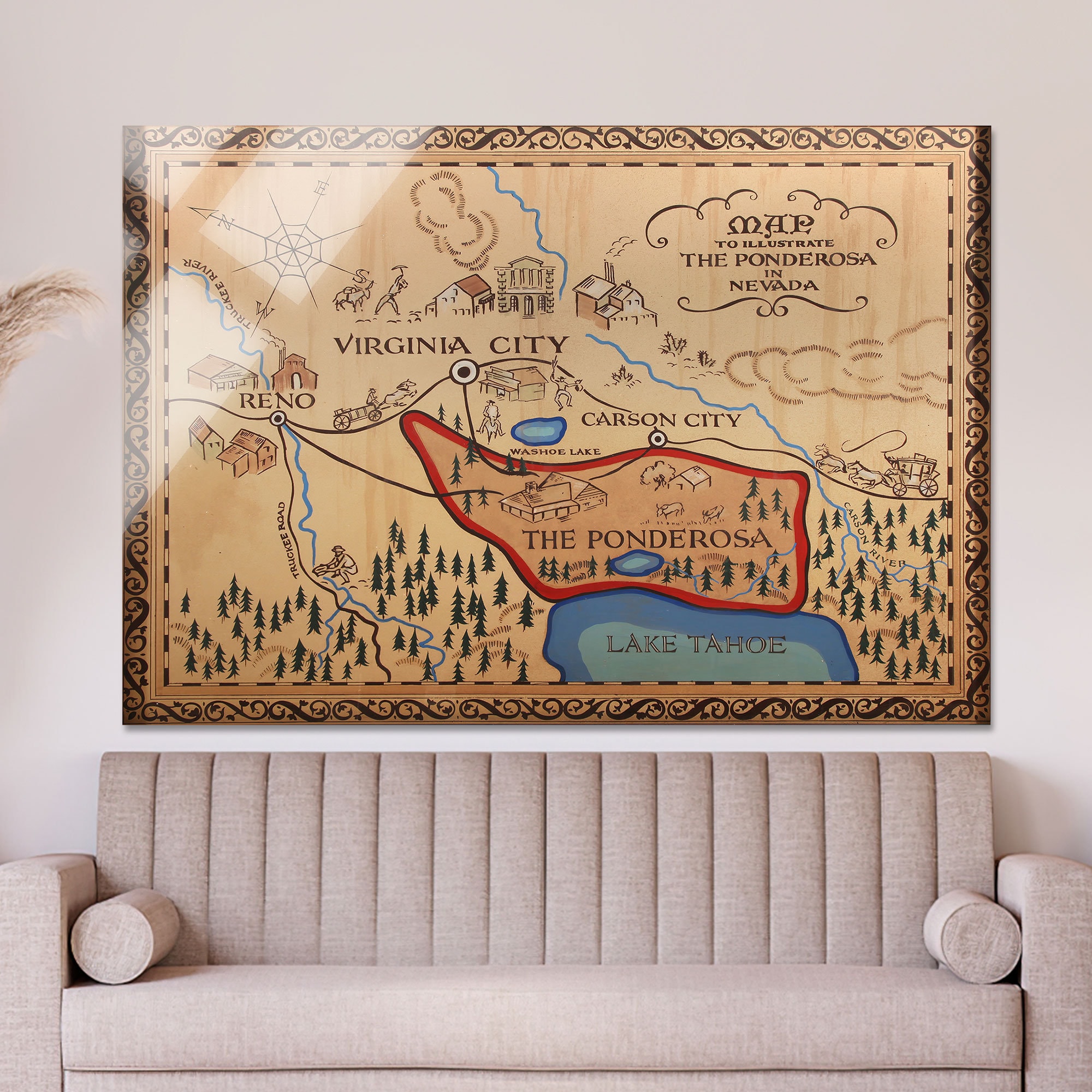 Vintage Map of the Ponderosa Nevada: Tempered Glass or Canvas Art