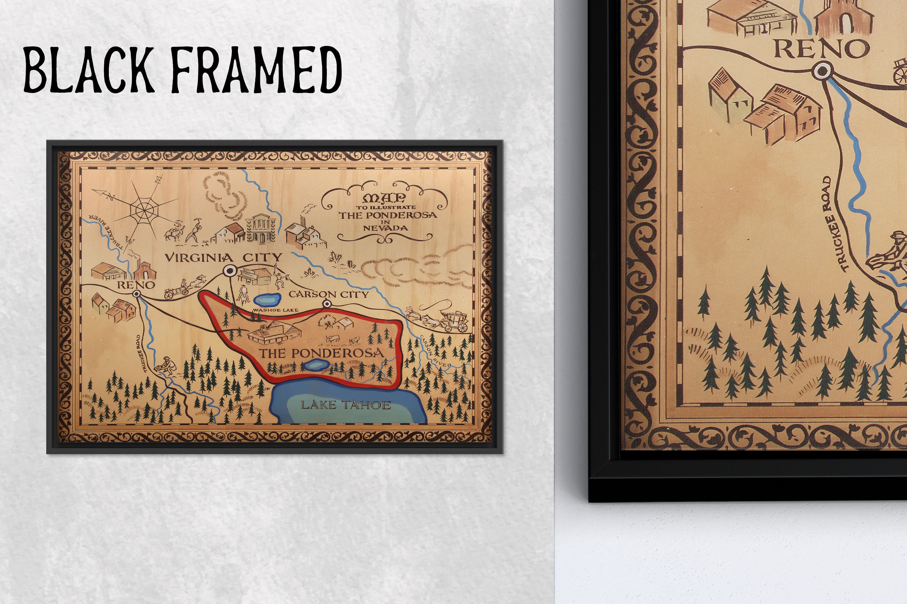 Vintage Map of the Ponderosa Nevada: Tempered Glass or Canvas Art