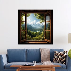 Rustic Window Print Artwork, Window Frame Canvas Art, Window Landscape Glass Wall Art, Landscape Glass Wall Art,