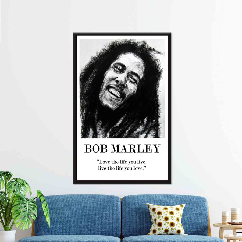 Black and white Bob Marley portrait wall art with inspirational quote, minimalist poster for music lovers