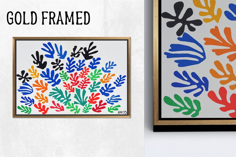 May include: A framed print of a colorful abstract painting featuring a variety of shapes and colors, including red, orange, yellow, green, blue, and black. The painting is titled "HM 53" and is framed in gold.