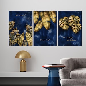 Abstract Wall Art, Golden Wall Decor, Canvas Wall Art, Luxury Wall Art, Home Decor, Blue Wall Art, Luxury Decor, 24&quot;x48&quot;-60x120cm, Set of 3