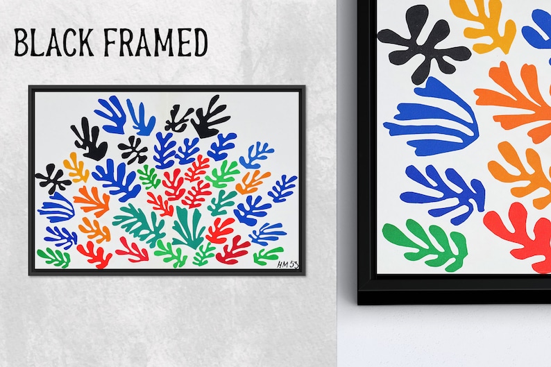 May include: A black framed print of a colorful abstract painting featuring a cluster of stylized leaves in shades of blue, red, green, orange, and yellow. The painting is signed "HM 53" in the bottom right corner.