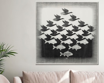 Escher Canvas Print, Reproduction Wall Art, Black and White Canvas Gift, Sky and Water Canvas Decor, Room Decor,