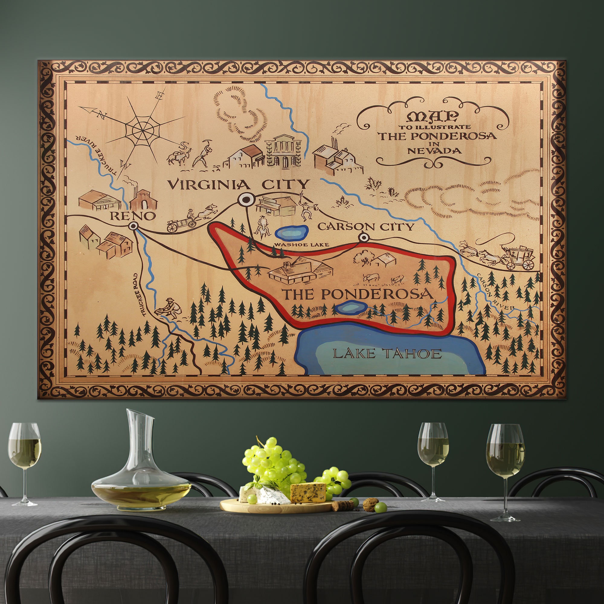 Vintage Map of the Ponderosa Nevada: Tempered Glass or Canvas Art