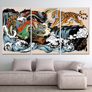 Yin Yang Wall Art, Dragon Vs Tiger, Yin Yang Glass Japanese Culture Art, Japanese Glass Art, Tiger Wall Decor, Tempered Glass,  Canvas Art