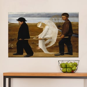 May include: A painting depicting two boys carrying a blindfolded angel on a stretcher. The angel is wearing a white robe and has large wings. The boys are dressed in dark clothing and are walking on a path in a field.